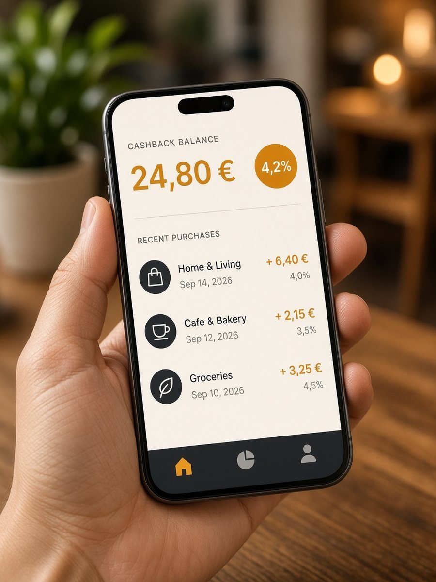 Smartphone in der Hand mit einer beispielhaften Cashback-App-Oberfläche: Gutschriftbetrag und Übersicht der Einkäufe